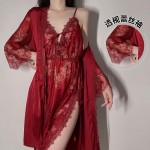 Guiruo Long Lace up Pajamas Transparent Suspended Nightgown Pajama Robe Bathrobe Bridal Morning Robe Women's Home Furnishing Set 311