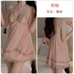 Guiruo Sexy Pure Desire Mesh Pajamas with Chest Pads Gathered Strap Sleeping Skirt Outer Robe Women's Home Furnishing Set P3772