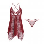 Guiruo Fun Underwear Sexy Lace Mesh Perspective Temptation Sleepwear Hollow out Suspended Dress Home Suit Set 1641