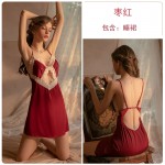 Guiruo Sexy Pajamas Women's Thin Lace Solid Color Hanging Pajama Dress Lace Bathrobe Pajama Home Suit Set 1487