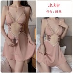 Guiruo Sexy Backless Temptation Ice Silk Pajamas with Chest Pads Gathered Strap Sleeping Skirt Outer Robe Home Suit Set 1667