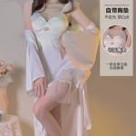 Ruo Ruo Sexy Transparent Yarn Sweet Flying Sleeves and Chest Cushion Deep V Hollow out Temptation Women's Satin Nightgown Outer Robe Set 3226