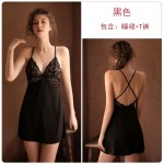 Guiruo Brand Pajamas New Sexy Deep V Spliced Lace Hanging Pajama Dress Lace up Outer Robe Home Suit Set 780