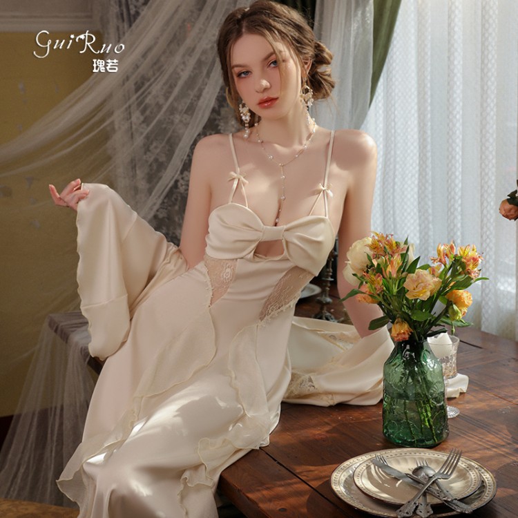 Guiruo Brand Pure Desire Style Lace Long Strap Sleeping Dress Outer Robe Ice Silk Comfortable Sweet Home Fur Set 2991