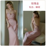 Guiruo Spring/Summer Long Pajamas Open Back Hanging Neck Suspended Sleeping Dress Women's Ice Pure Desire Home Fur Set Q2750