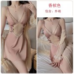 Guiruo Sexy Backless Temptation Ice Silk Pajamas with Chest Pads Gathered Strap Sleeping Skirt Outer Robe Home Suit Set 1667