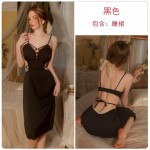 Guiruo Sexy Backless Long and Padded Pajamas with Ice Silk Hollow Suspended Sleepwear for Women's Home Fur Set J3212