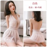 Guiruo Deep V Pleated Open Back Design Perspective Double Layer Mesh Skirt Sexy Hanging Neck Sleeping Dress Home Suit 630