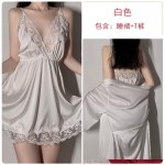 Guiruo Satin Embroidery Lace Sexy Deep V Suspended Nightwear Pajamas Lace up Solid Coat Home Suit Set 267