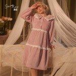 Guiruo Brand Flannel Doll Neck, Lace Splice, Pleated, Can be Outworn Nightwear, Women's Home Suit Set W2944