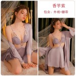 Guiruo Brand Sexy Satin Lace V-Neck with Chest Cushion Hollow Hanging Strap Sleeping Dress Outer Robe Home Suit Set 3431