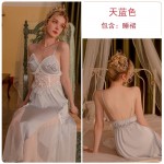 Guiruo Chest Cushion Gathered Sling Pajama Dress Bowknot Sweet Sleepwear Mesh Outer Robe Women's Home Furnishing Set W2785