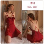 Guiruo brand with chest pad gathered pajamas, solid color backless suspender pajamas, outer robe, private home clothing set 2227