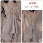 Guiruo Fun Lingerie Solid Lace Embroidery Backless Nightwear Hanging Strap Nightwear Shorts Women's Home Suit Set 2196