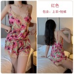 Guiruo Sexy Deep V Lace and Chest Cushion Open Back Seduction Satin Light Luxury Suspender Shorts Women's Pajama Set 3748