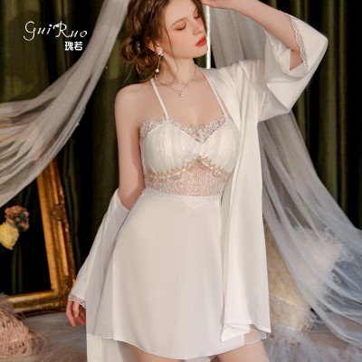 Guiruo Pure Desire V-neck Hollow Satin Lace Mesh Perspective and Chest Cushion Sleeping Skirt, Outer Robe, Home Suit Set 3124