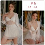 Guiruo Sexy Deep V with Chest Cushion Mesh Lace Perspective Flying Sleeves Women's Nightgown Embroidered Outer Robe Home Set 2634