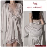 Guiruo Satin Embroidery Lace Sexy Deep V Suspended Nightwear Pajamas Lace up Solid Coat Home Suit Set 267