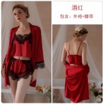 Guiruo Solid Color Satin Patch Lace Simple and Comfortable Suspender Top Shorts Outer Robe Home Suit Set 19072