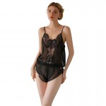 Guiruo Fun Lingerie Women's Chiffon Splice Lace Perspective Attractive Sexy Hot and Comfortable Two Piece Set 19973