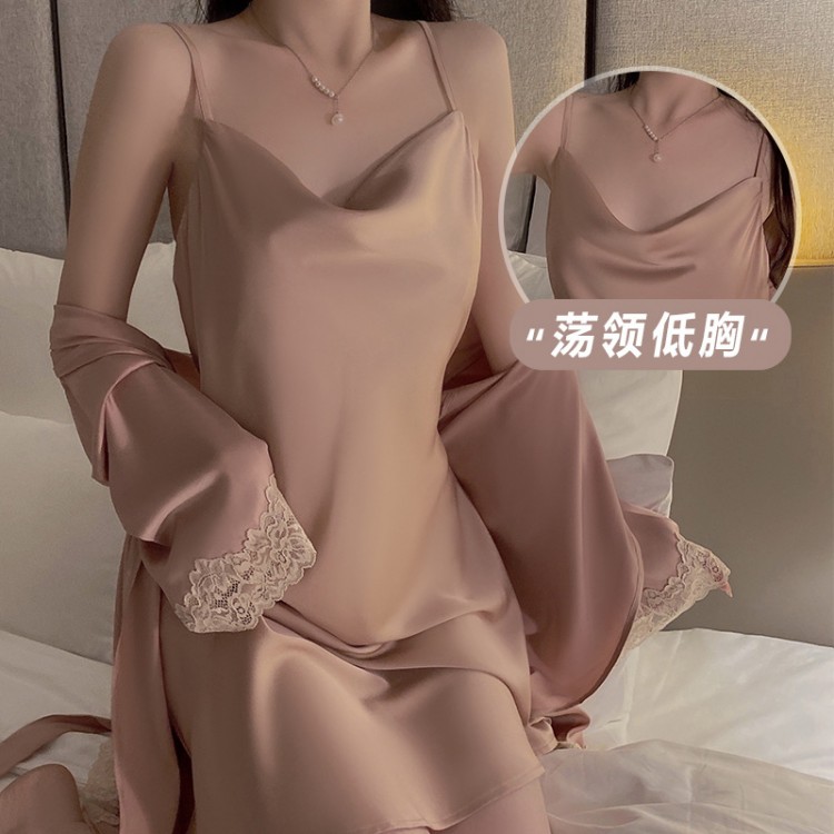 Ruo Ruo Satin Sexy Open Back Swinging Collar Light Luxury Simple Comfortable Suspended Sleeping Dress Outer Robe Women's Home Set 1477