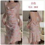 Guiruo Fashion Swinging Neck Ribbon Decoration Sexy Cross Back Pure Desire Printing Satin Sling Home Sleeping Dress 3798