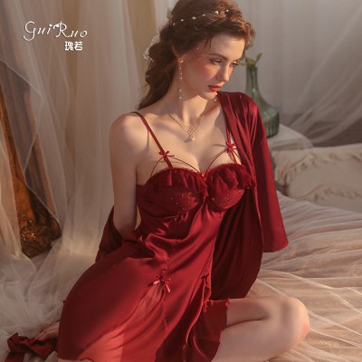 Guiruo Spring/Summer Open Back Temptation Pajama Chest Pads Gather Ice Silk Sling Sleeping Dress Outer Robe Women's Home Suit Set 2219