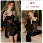 Ruo Ruo Solid Satin Patchwork Lace and Chest Pads Cross Back Seduction Sleeping Skirt Outer Robe Home Suit Set 2990