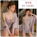 Guiruo New Style with Chest Cushion Gather Sexy Sleepwear Ice Silk Sling Sleeping Dress Outer Robe Pure Desire Home Suit Set 3248