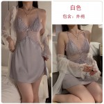 Guiruo Small Chest Pajamas with Ice Silk and Chest Pads Gathered Lace Perspective Sling Sleeping Dress Outer Robe Home Suit Set 3660