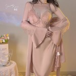 Guiruo Brand Sexy Deep V Perspective Lace and Chest Cushion Satin Hanging Strap Sleeping Dress Outer Robe Home Suit Set 2744