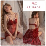 Guiruo Sexy Deep V Temptation Pajamas Sweet Lace Hot Strap Sleeping Dress Lace up Outer Robe Women's Home Fury Set