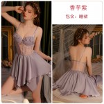 Guiruo satin patchwork yarn perspective lace low cut gathered with chest pad, suspender, nightgown, outerwear, home clothing set 3299