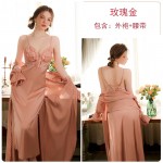 Guiruo Brand Sexy Split and Chest Cushion Ice Silk Comfortable Long Strap Sleeping Dress Outer Robe Home Set J2970