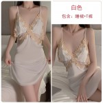 Guiruo Sexy Deep V Embroidery Lace Satin Sexy Open Back Pure Desire Sleeping Dress Loose Outer Robe Home Set 1203