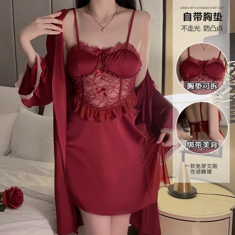 Guiruo Satin Lace Perspective and Chest Cushion Collar Low Chest Gathering Open Back Sleeping Dress Outer Robe Home Suit Set 3140