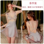 Guiruo Satin Patched Lace and Chest Pad Transparent Yarn Sexy Open Back Flying Sleeves Nightwear Outrobe Home Suit Set 3038