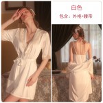 Guiruo brand solid color pajamas with slit, sexy private room suspender dress, lace embroidery cardigan, home clothing set 991