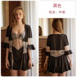 Guiruo Sexy Deep V Side Split Temptation Pajama Hanging Strap Pajama Dress Lace up Outer Robe Women's Home Furnishing Set 1033