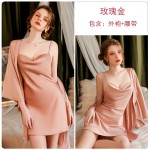 Guiruo Brand Sexy Deep V Suspended Sleeping Dress Minimalist Style Lace up Outer Robe Women's Ice Silk Home Fur Set 1910