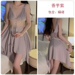 Guiruo Satin Jacquard Lace Perspective Deep V with Chest Cushion Irregular Skirt, Nightwear, Outrobe, Home Set J2413