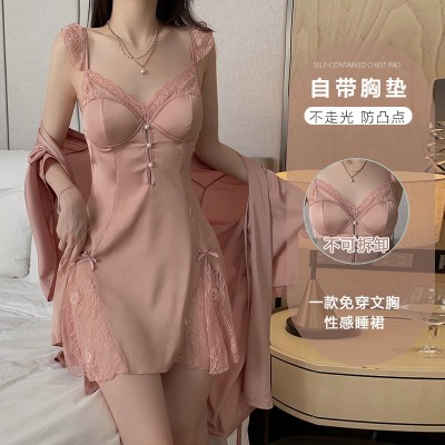 Guiruo satin patchwork lace perspective sexy deep V with chest cushion suspender, pajama robe, home suit set J3179