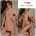 Guiruo Satin Deep V Lace and Chest Cushion Perspective Lace up Seduction Split Sleeping Dress Outer Robe Home Suit Set 2726