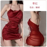 Guiruo Fun Underwear Sexy Low cut Lace Perspective Attractive Mesh Pleated Nightwear Hanging Neck Strap Nightwear 1612