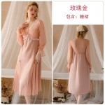 Guiruo New Long Ice Silk Pajamas Women's Court Style Long Sleeve Lace Perspective Pajama Dress Home Suit Set W2805