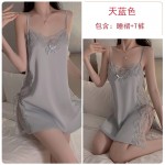 Guiruo Satin Deep V Loose and Comfortable Lace Splice Split Lace Lace Cut Out Temptation Sleeping Skirt Outer Robe Home Suit 542