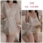 Guiruo Lingerie Summer Solid Color Ice Silk Waist Slim Lace Up Fold Suspended Sleeping Dress Outer Robe Home Set 1517