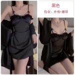 Guiruo Satin Low Chest Gathering with Chest Cushion Sexy Open Back Hollow out Drawstring Nightgown Outer Robe Home Set P3144