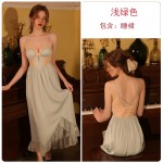 Guiruo Sexy Backless Temptation with Chest Pads Gathered Long Strap Skirt Mesh Outer Robe Home Suit Set J3343