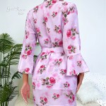 Guiruo Sexy Printing Split Deep V Lace Temptation Sling Sleeping Dress with Waist Tie Up Outer Robe Set Foreign Trade 9333